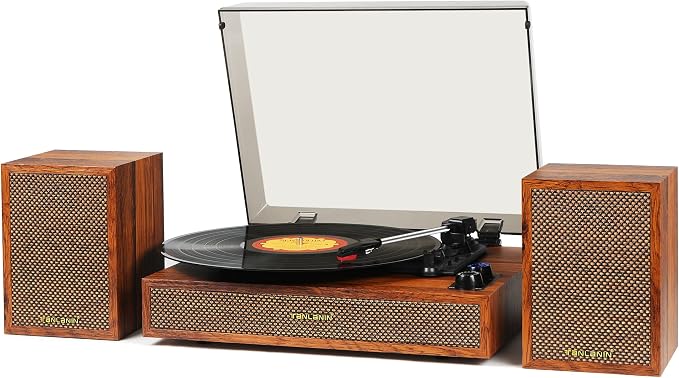 Vinyl Record Player with External Speakers, 3 Speed Bluetooth Turntable by TANLANIN