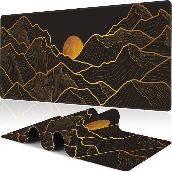 Golden Mountain and Moon Desk Mat, Large Luxury Gold Line Art Gaming Keyboard by NIYLYNSYN