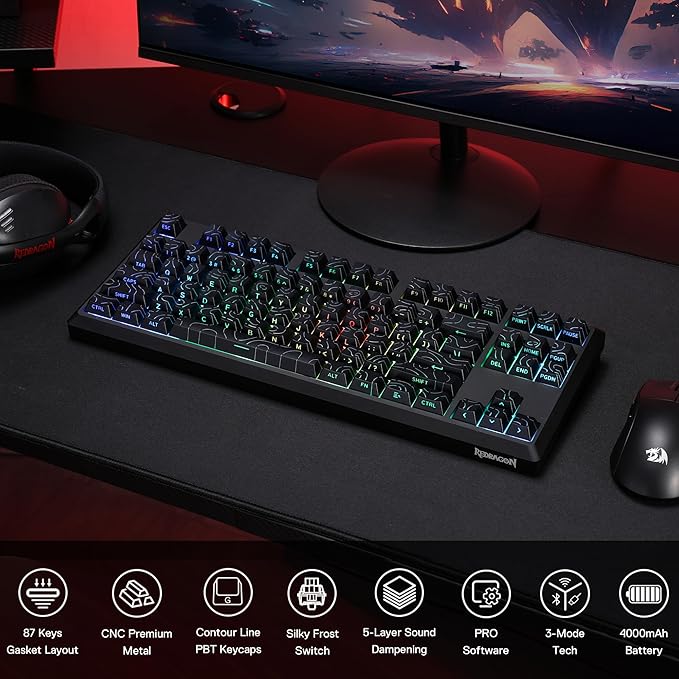 Redragon K737 PRO Wireless 87 Keys Gasket Gaming Keyboard, 80% Premium CNC - Image 2