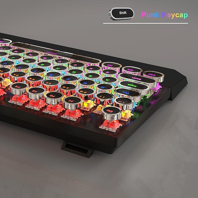 MageGee Typewriter Mechanical Gaming Keyboard, Retro Black Punk Round Keycaps - Image 3