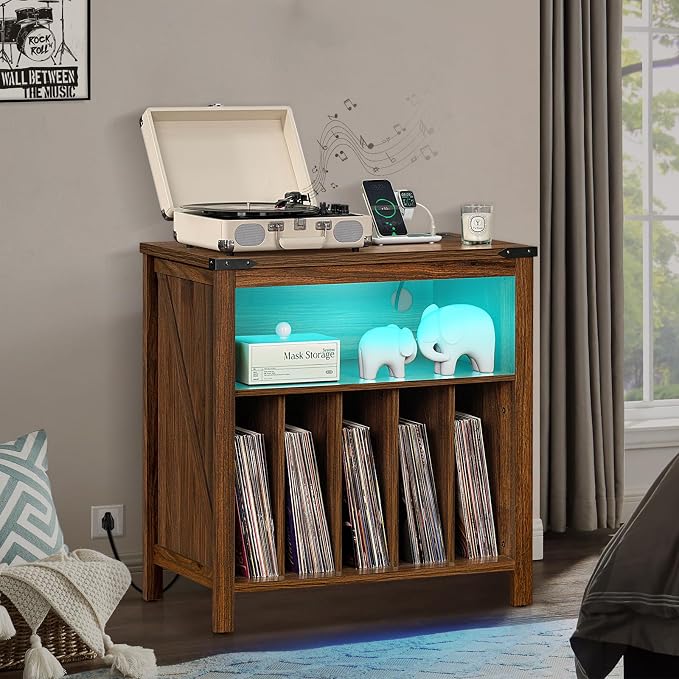 Large Record Player Stand with Charging Station & LED Lights, Vinyl Records - Image 8