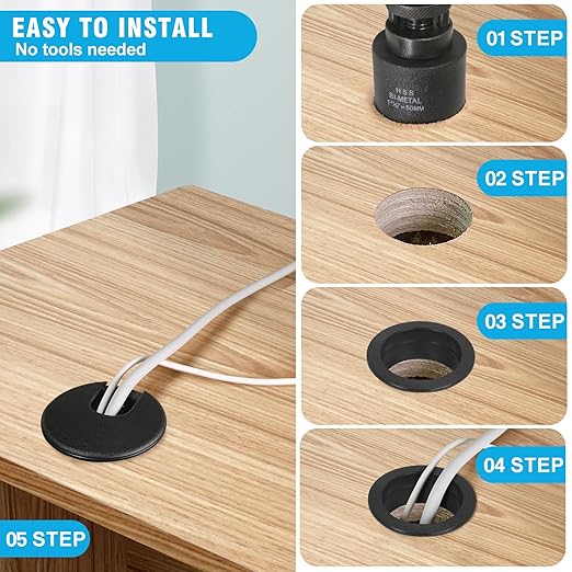 1-3/8" Black Desk Grommet with Bi-Metal Hole Saw, JTemgle Plastic Cable Hole - Image 5