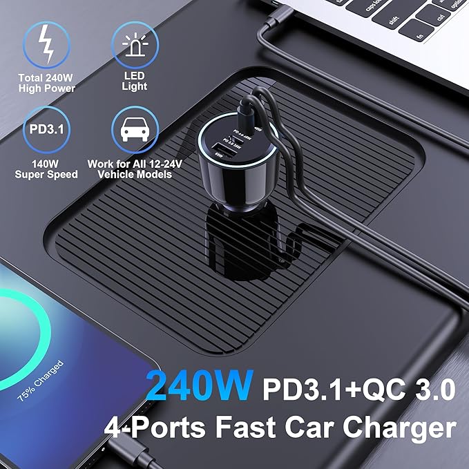 URVNS 240W USB C Car Charger, Super Fast Charging 4-Ports PD3.1 140W/PD3.0 100W - Image 2