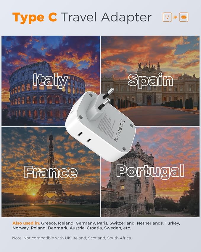 TESSAN European Travel Plug Adapter USB C 3 Pack, PD 20W US to Europe Plug - Image 2