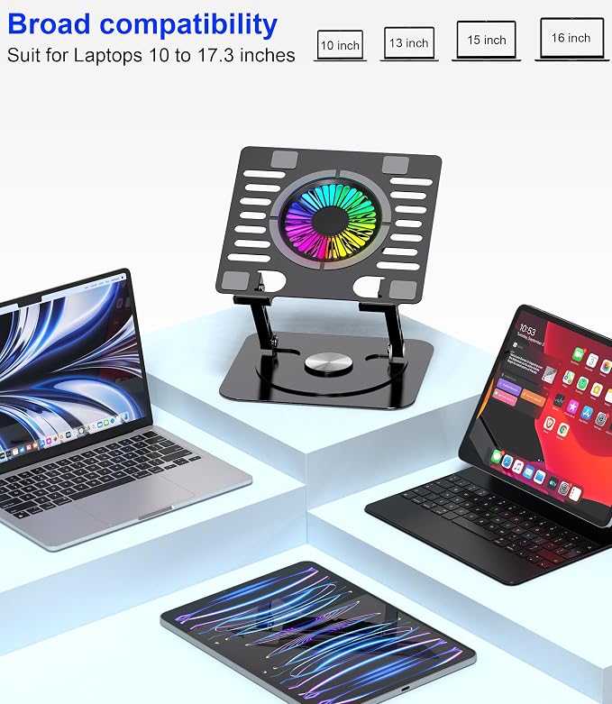 Laptop Stand, with 360°Rotating Base, External Cooling Fan, Adjustable RGB - Image 7