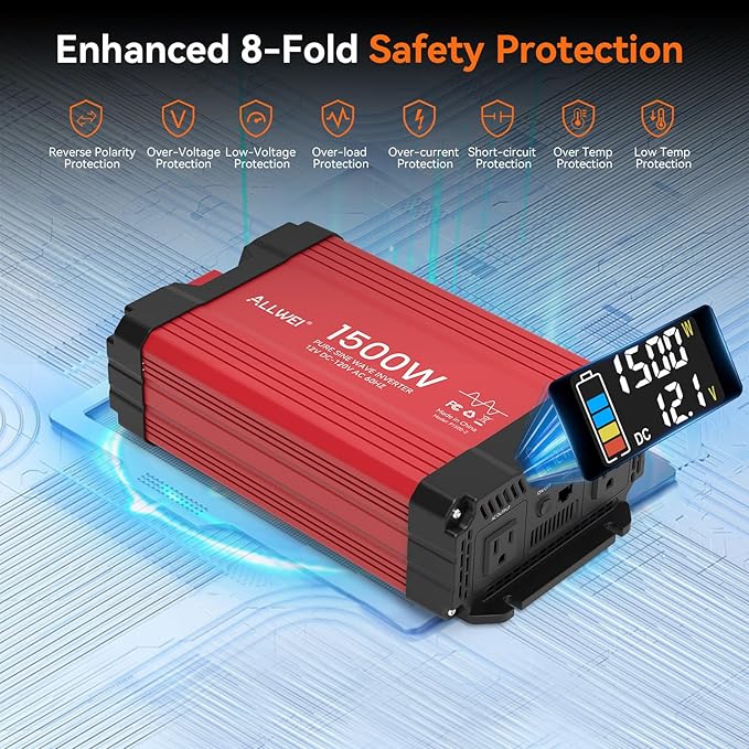 ALLWEI 1500W Pure Sine Wave Inverter 12V DC to 110V/120V AC Converter, Surge - Image 4