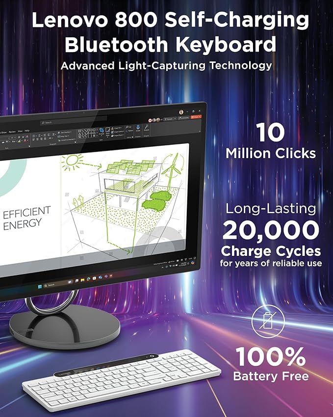 Lenovo 800 Self-Charging Bluetooth Keyboard, Uses Ambient Light - Image 2