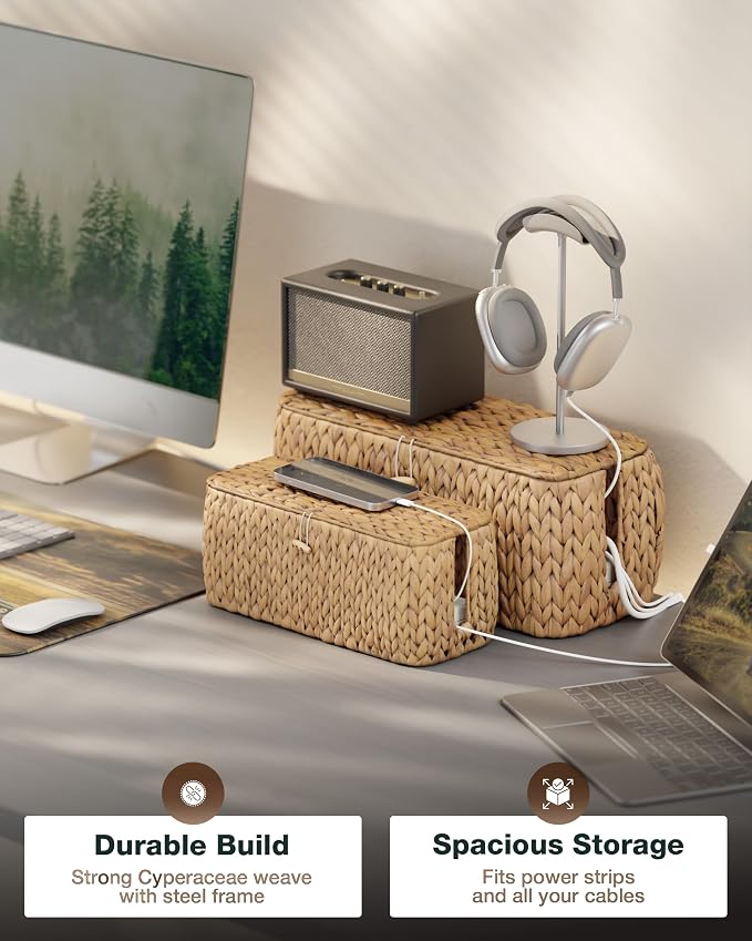 BLUEWEST Pack 2 Large Cable Management Box, Wicker Hyacinth Rattan Cable - Image 2