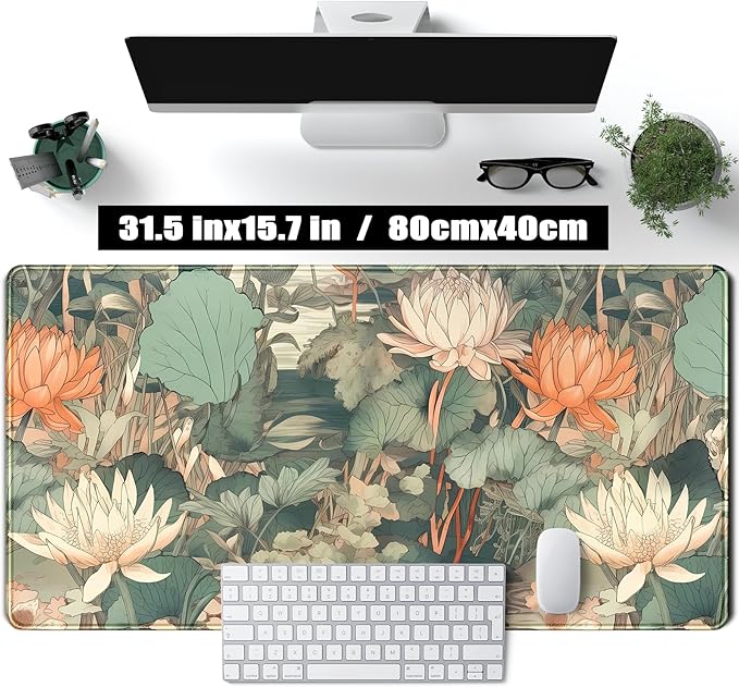 Light Emerald and Orange Floral Desk Mat, XXL Large Extended Mouse Pad Gaming - Image 2