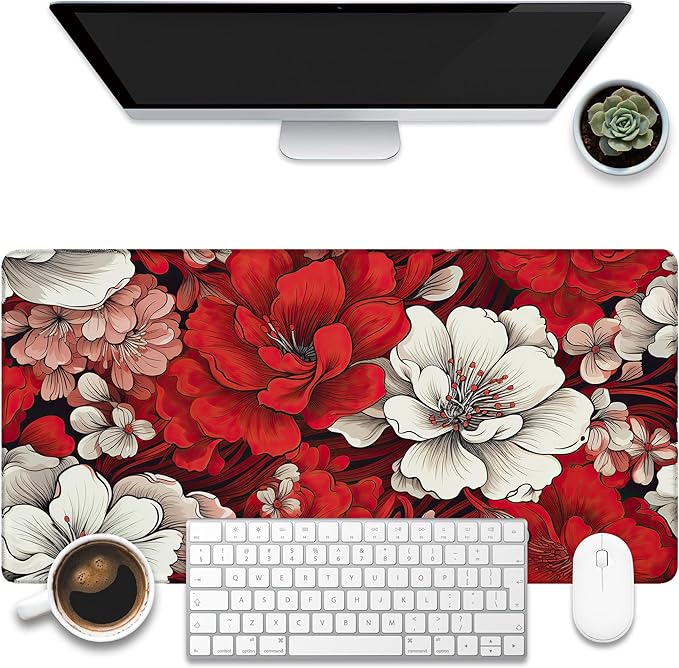 Desk Pad, Retro Red Floral Large Gaming Mouse Pad, 31.5"x15.7" Extended Big by KOAIWPAE