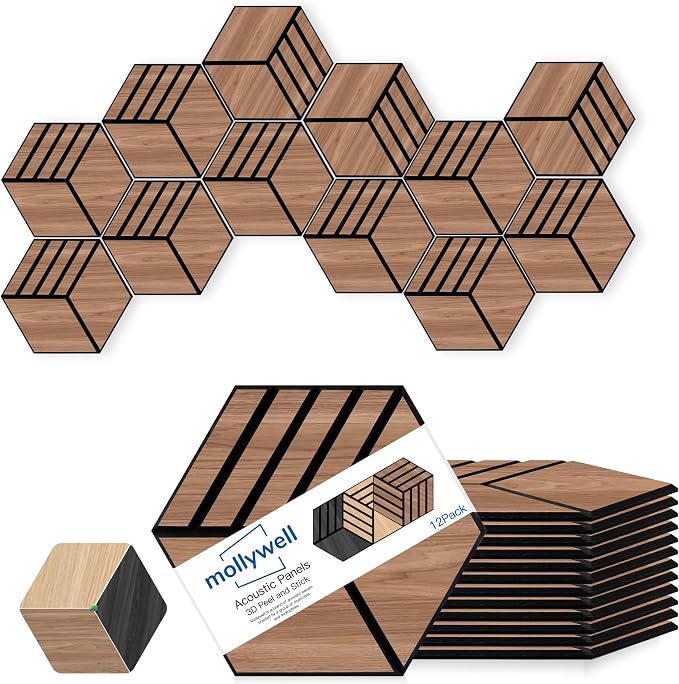 Mollywell Hexagon Acoustic Panels, Walnut S4, 12 Pack |Wood Veneer|High Density by Mollywell