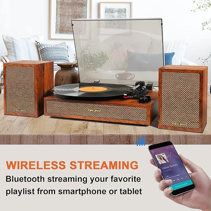 Vinyl Record Player with External Speakers, 3 Speed Bluetooth Turntable - Image 4