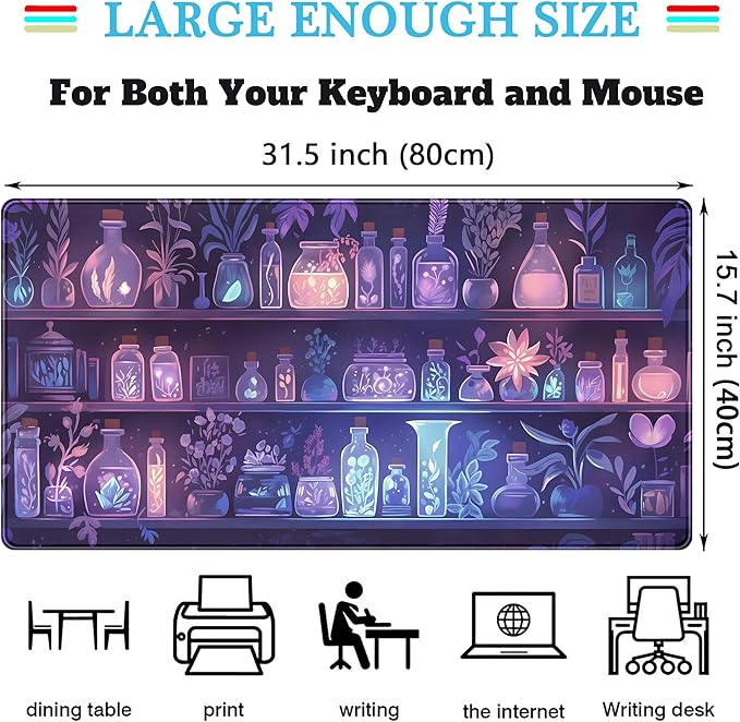 Cute Cozy Purple Gaming Desk Mat, Mystical Potion Bottles Mouse Pad XXL Large - Image 3