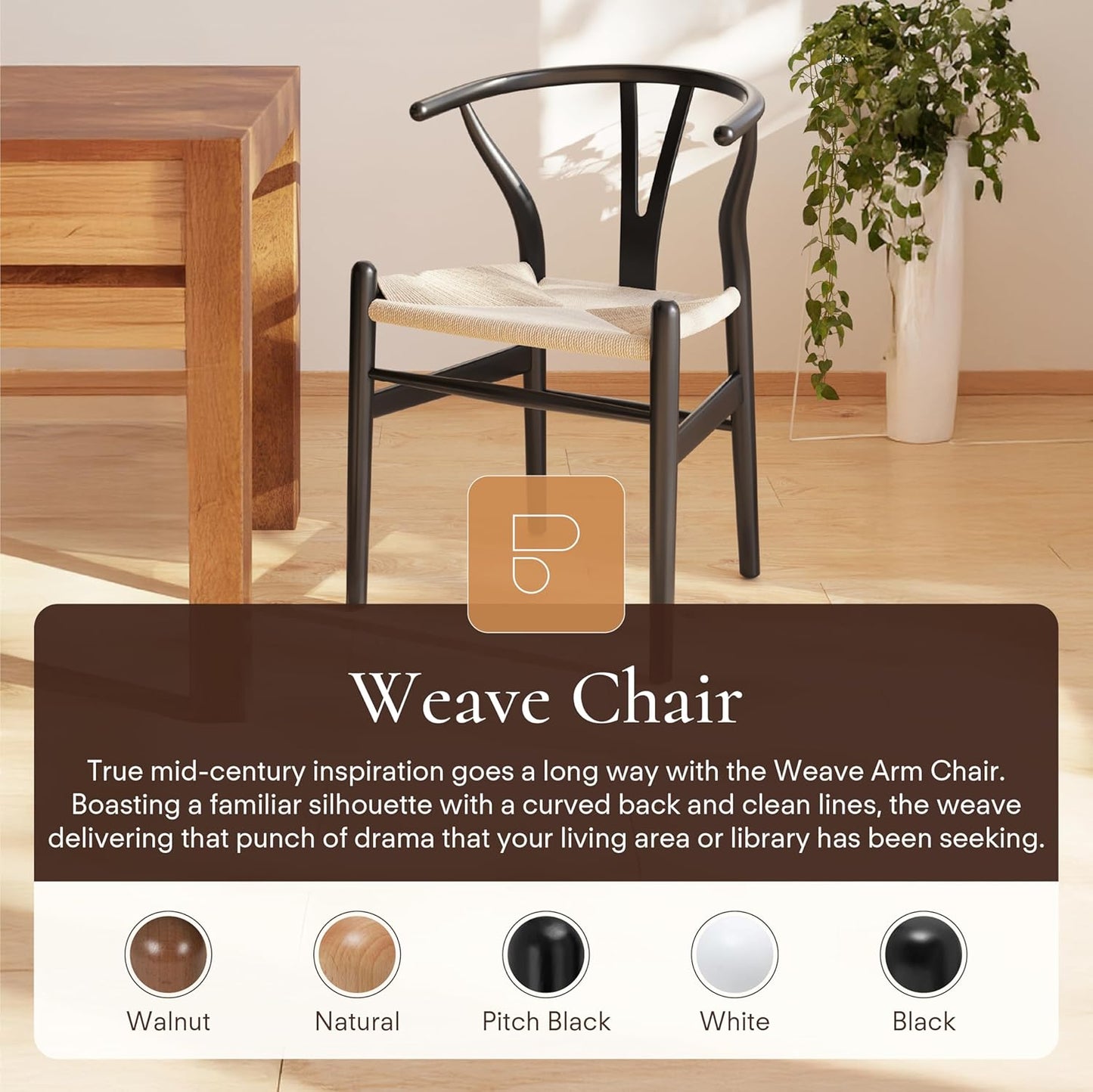 POLY & BARK Weave Dining Chairs – Mid-Century Modern Wishbone Dining Chairs with Arms, Solid Wood Frame, Indoor Use – Black – Set of 2 - Ideal for Dining Room, Kitchen or Stylish Accent Setting