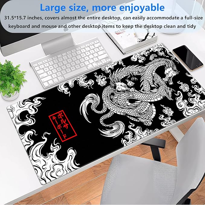 Black and White Mouse Pad Extra Large Gaming Mousepad XL Dragon Desk Mats - Image 2