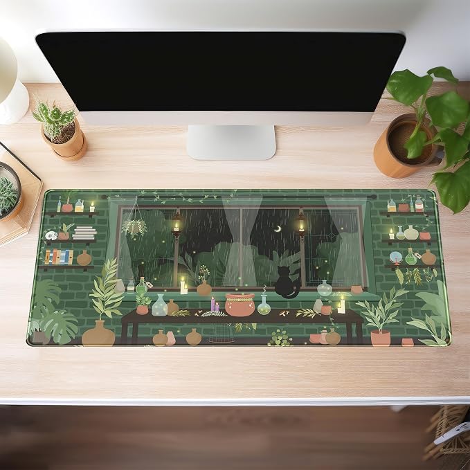 Kawaii Rainy Night Desk Mat Green Plants Gaming Mouse Pad XL, Aesthetic Anime - Image 3