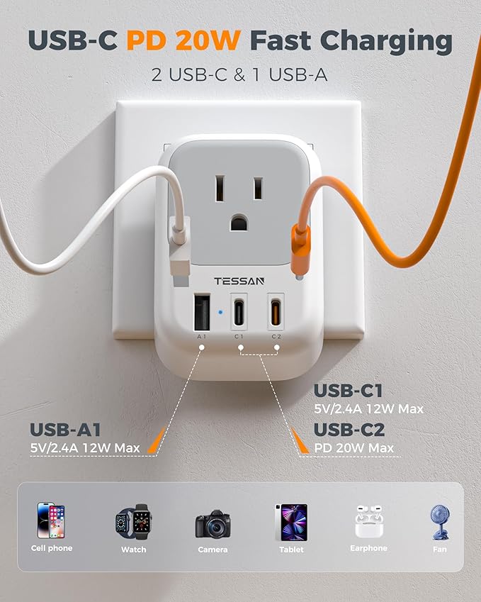 TESSAN European Travel Plug Adapter 3 Pack, PD 20W Type C Power Adaptor - Image 3