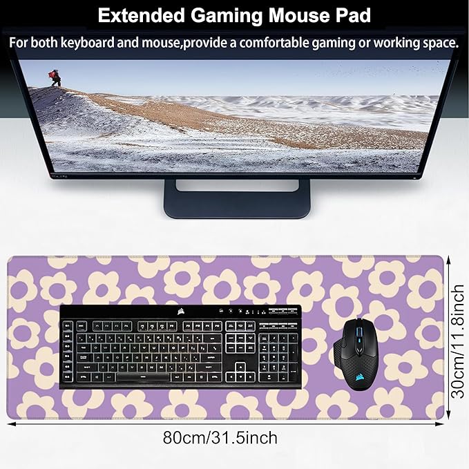 Purple Groovy Flowers Desk Mat, Large Vintage Floral Gaming Keyboard Mouse Pad - Image 2