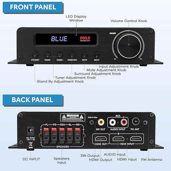 Pyle Wireless Bluetooth Home Audio Amplifier - 100W 5 Channel Home Theater - Image 2