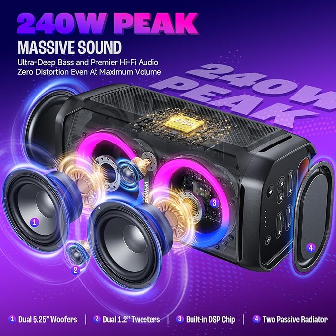 W-KING Large Bluetooth Speaker, 240W Peak Loud Boom Box 2×5.25" Subwoofers & - Image 2
