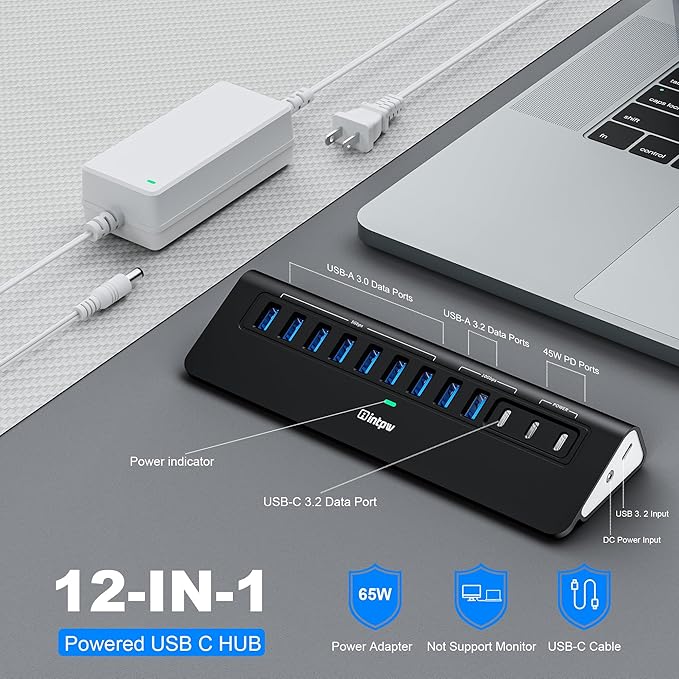 Powered USB Hub 10Gbps, intpw YH9AC 12-Port USB C Hub - Image 2