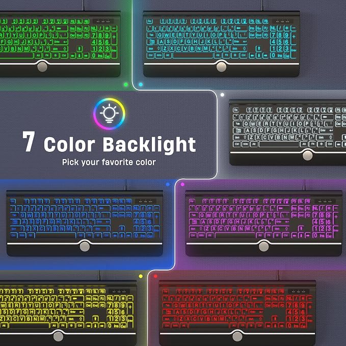 Large Print Backlit Computer Keyboard, USB Full Size Wired Keyboards - Image 3