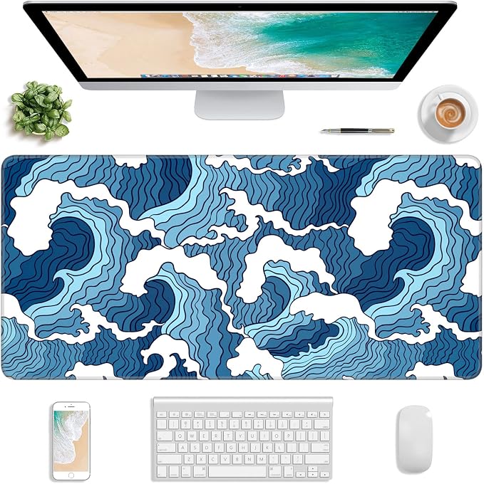 Extended Gaming Mouse Pad, Japanese Blue White Wave Mousepad, XL Large Mouse by Atufsuat