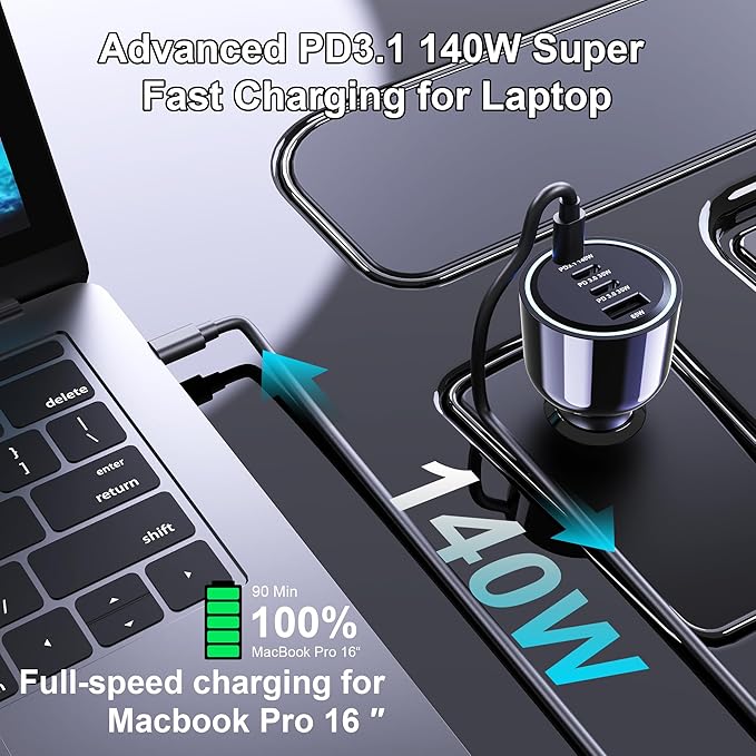 URVNS 240W USB C Car Charger, Super Fast Charging 4-Ports PD3.1 140W/PD3.0 100W - Image 5