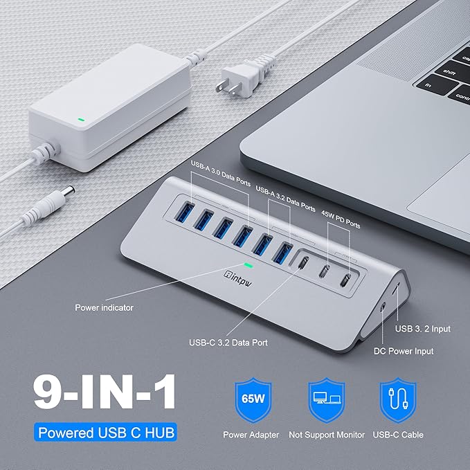 Powered USB Hub 10Gbps, intpw YH6AC 9-Port USB 3.2 /USB C Hub - Image 2