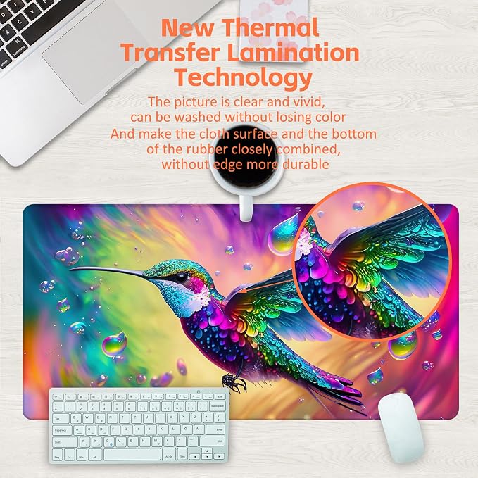 Large Gaming Mouse Pad for Desk, Colorful Hummingbird Desk Mat, Bright - Image 4