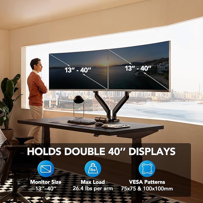 HUANUO Dual Monitor Stand for 13″–40″, Premium Dual Monitor Mount - Image 2