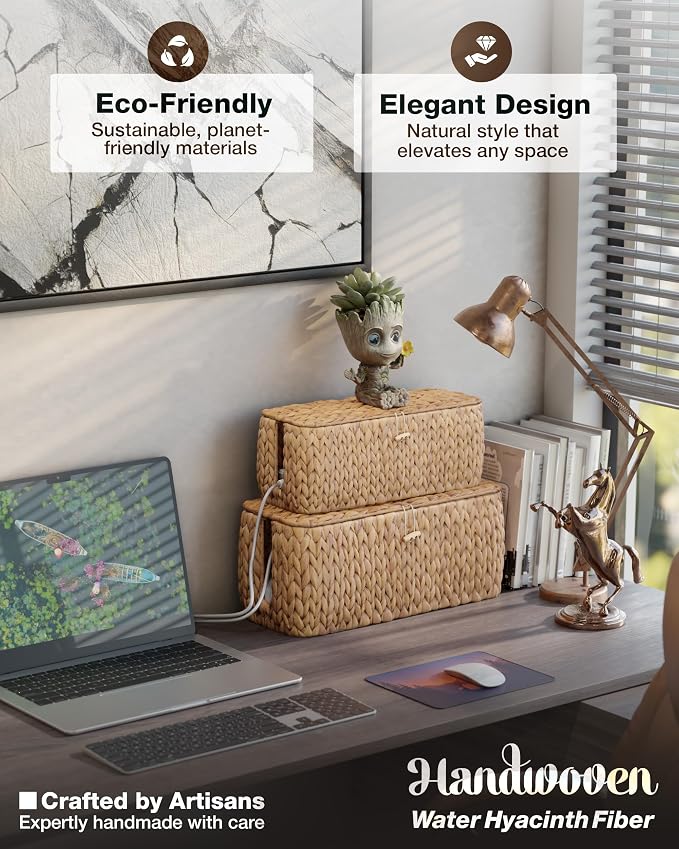BLUEWEST Pack 2 Large Cable Management Box, Wicker Hyacinth Rattan Cable - Image 3