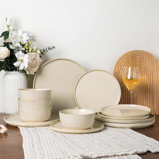 GBHOME Ceramic Dinnerware Sets for 4, 12 Pieces Stoneware Plates and Bowls Sets, Scratch Resistant Dishes, Dishwasher & Microwave Safe, Reactive Glaze-Vanilla color
