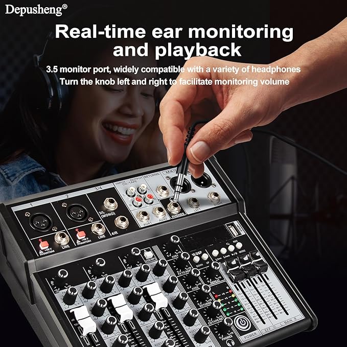 Depusheng Professional Audio Mixer, 4 Channel Audio Interface Sound Board - Image 5