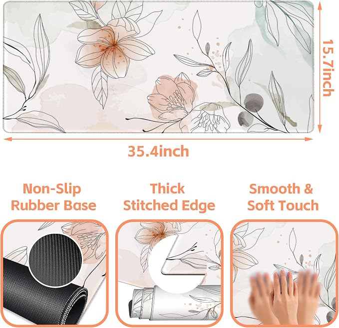 Mouse Pad Large Flowers Watercolor Texture Non-Slip Gaming Desk Mat - Image 3