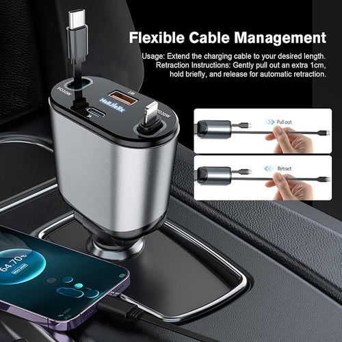 4 in 1 Retractable Car Charger, USB C Fast Charging Adapter - Image 2