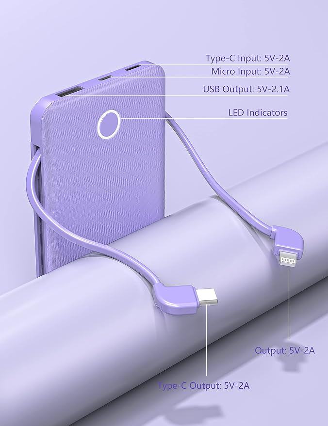2-Pack 6000mah Ultra Slim Built in Cables Power Bank, Card Size Built in USB C - Image 8