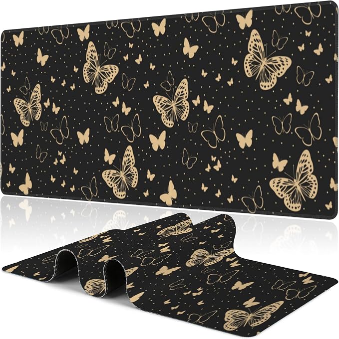 Golden Butterflies Desk Mat, Large Butterfly and Round Spots Gaming Keyboard by NIYLYNSYN