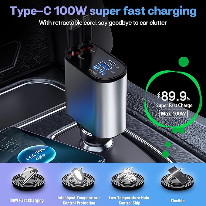 Retractable Car Charger with 100W, 4 in 1 Car Fast Charger - Image 3