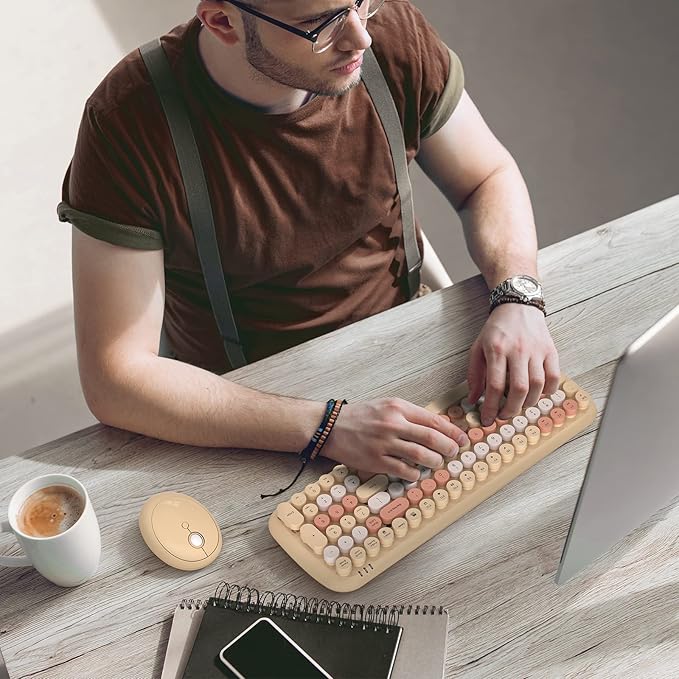 KNOWSQT Wireless Keyboard and Mouse Combo, Light Milktea 100 Keys 2.4 GHz Round - Image 3