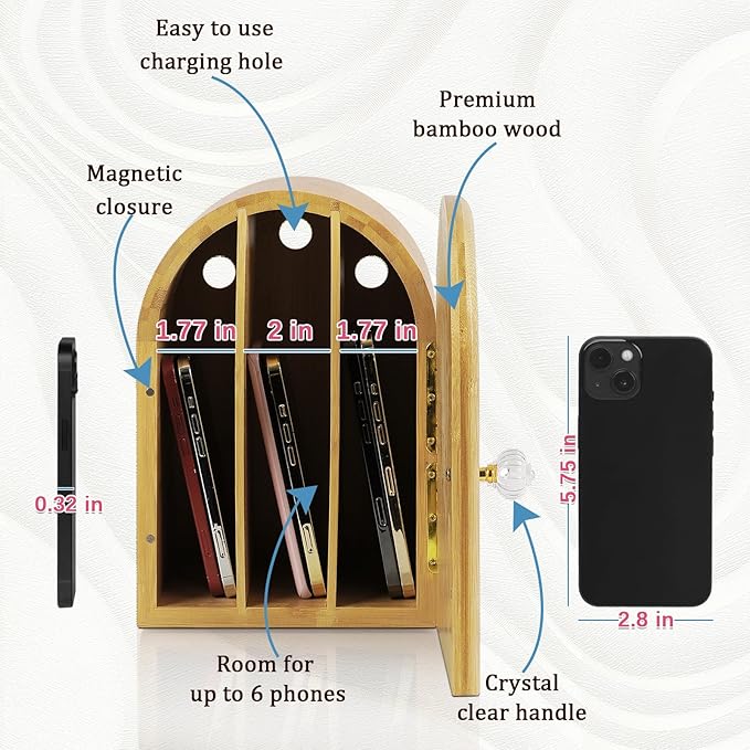 Phone Box for Family Time, Bamboo Cell Phone Jail, 3 Sections Hold 6 Phones - Image 2