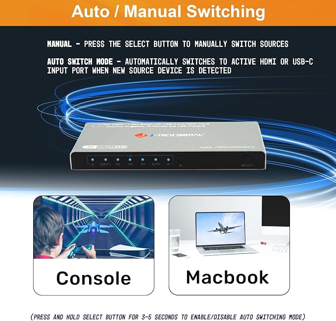 J-Tech Digital 4K 60Hz 4x1 HDMI & USB-C Switch | 3 HDMI + 1 USB-C Input - Image 4