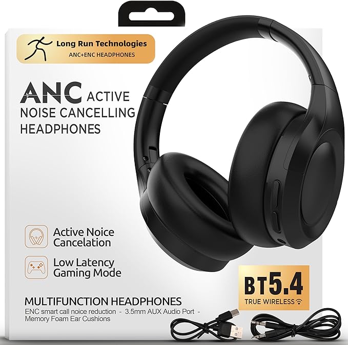 Active Noise Cancelling Headphones, Hi-Fi Stereo, 100H Playback Time, by LongRunTechnologies