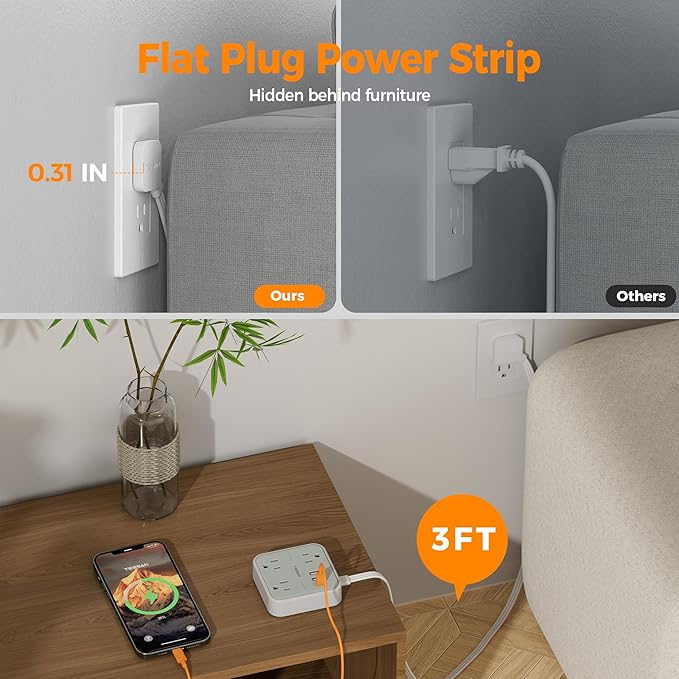 Short Extension Cord with Multiple Outlets 3 FT, TESSAN Small Flat Plug Power - Image 3