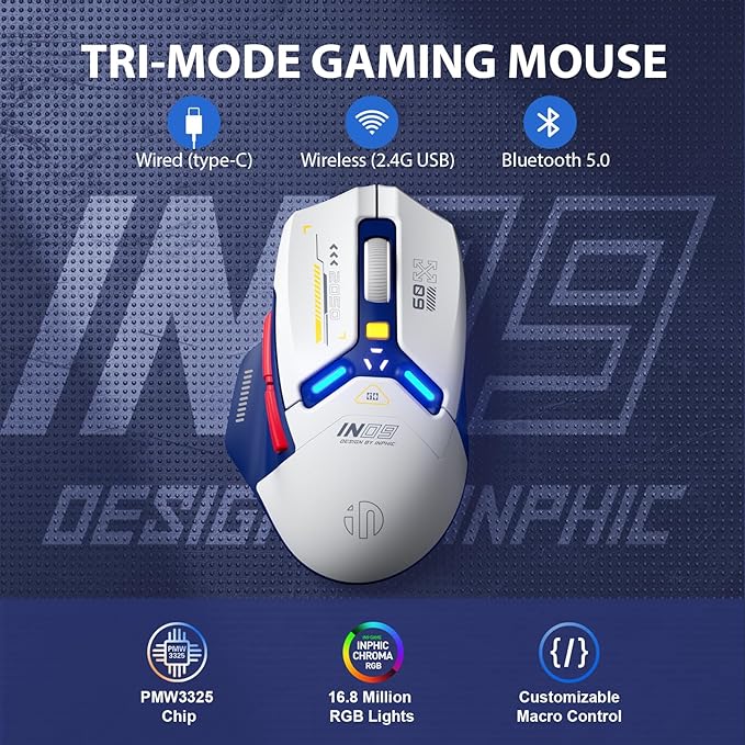 INPHIC IN9 Wireless Gaming Mouse, True Tri-Mode Bluetooth/Type-C Wired/2.4G - Image 2