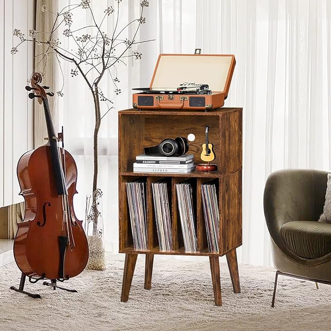 Lerliuo Record Player Stand, Mid-Century Vinyl Storage Cabinet Table - Image 2