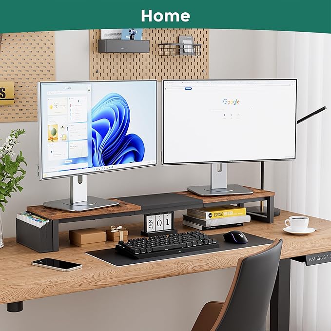 Dual Monitor Stand Riser, 41.5'' Extra Long Wood Monitor Stand Desktop Organizer - Image 9