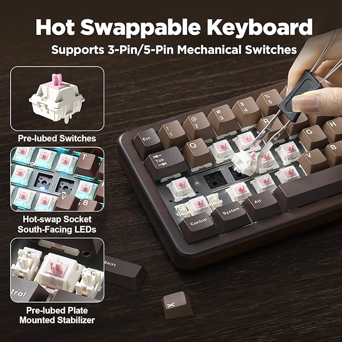 YUNZII WOOD68 Wireless Mechanical Keyboard, 65% Layout Wood Gaming Keyboard - Image 5
