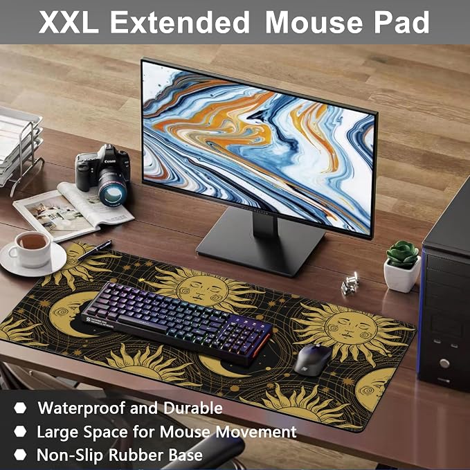 Mouse Pad, Large Golden Sun and Crescent Desk Mat, Extended Non-Slip Gaming - Image 6