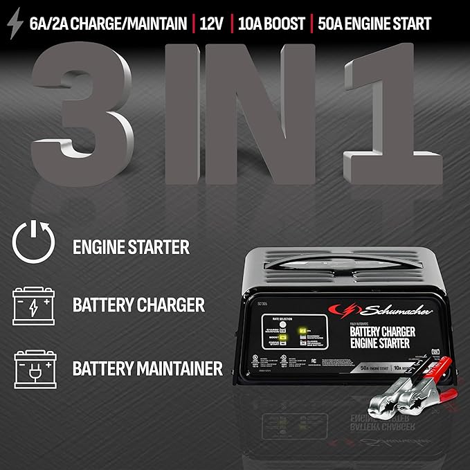 Schumacher Electric 6A Car Battery Charger and 50A Engine Starter, 3-in-1 - Image 2
